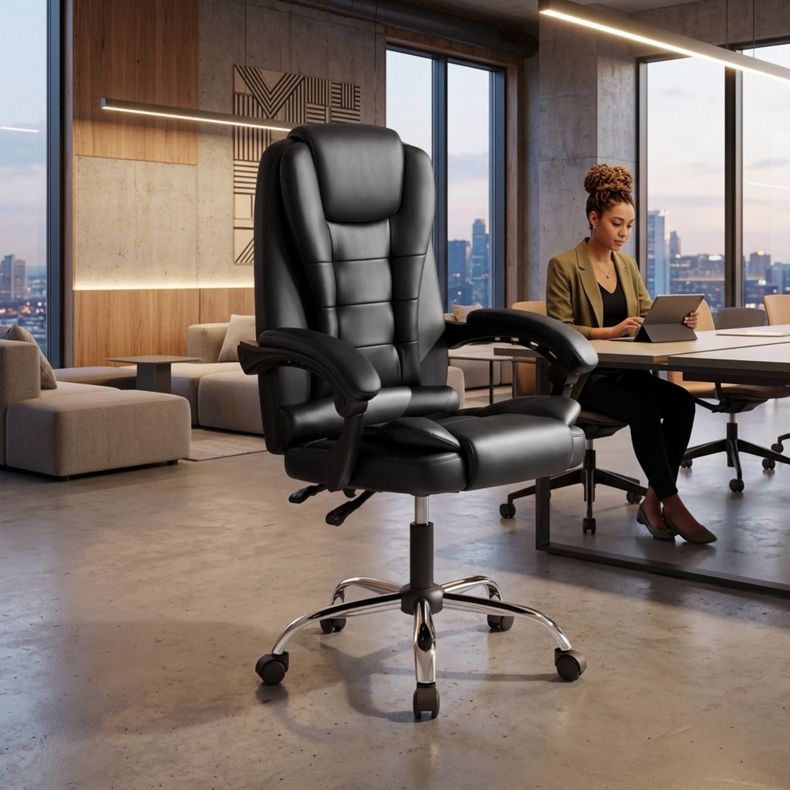 Furnibear High Back Executive Office Chair with Linkage Armrests Reclining Backrest PVC Leather Seat and Swivel Base for Home Office, Black