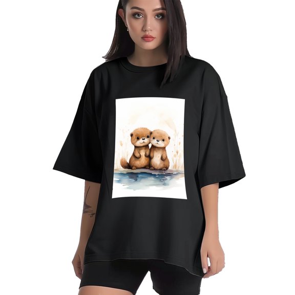 Plus Size Shirt for Women Black Tops for Women Short Sleeves Shirt for Women Cute Otter T Shirt Crewneck Shirt for Women XS