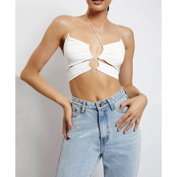 VISgogo Camisola corta con cuello halter para mujer, sin mangas, con correa de espagueti, color sólido, camisola hueca VISgogo moda