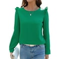 thumbnail image 2 of Women'S Ruffle Shoulder Long Sleeve Blouses Crew Neck Light-Weight 2025 Fall Ribbed Knit Pullover Tops Green L, 2 of 9