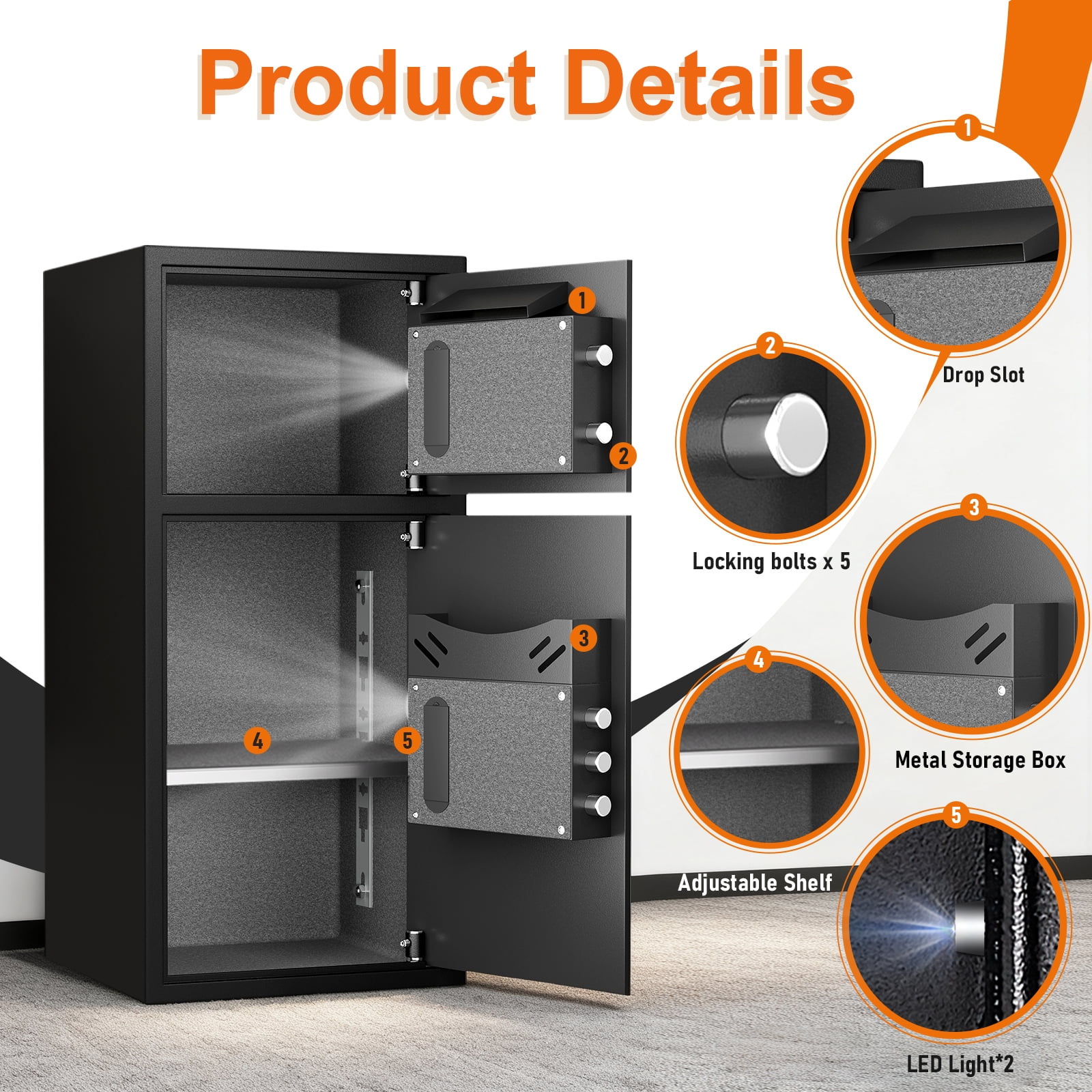 6.0 Cu Ft Fireproof Waterproof Anti-Theft Safe Box with LED Light, Deposit Slot & Dual Alarm System, Home Office Safe for Valuables Cash Documents