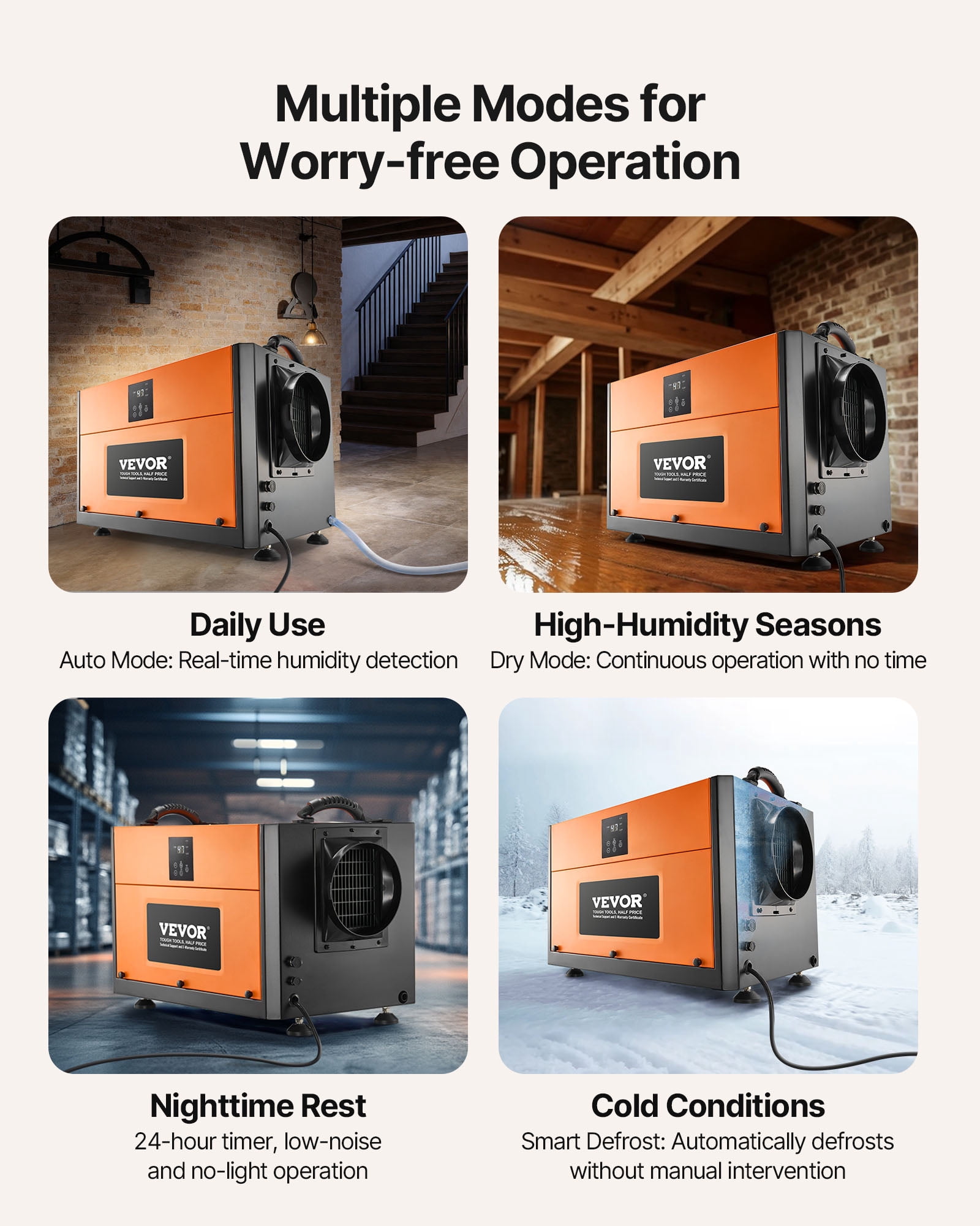 VEVOR 156 Pints Commercial Dehumidifier with Drain Hose, Portable Crawl Space Dehumidifiers for Basement Storage Room Industrial Grade,Auto Defrost/Drainage,Heavy-duty Galvanized Steel,LED Indicate