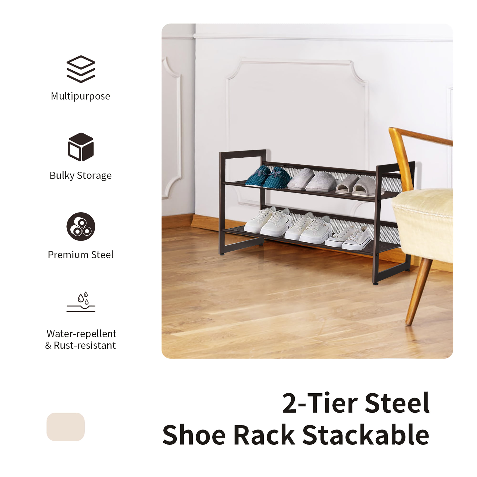 MULISOFT 2-Tier Expandable, Stackable and Adjustable Shoe Rack Organizer,  Sturdy and Durable Metal Shoe Storage Organizer, Vertical Shoe Rack for