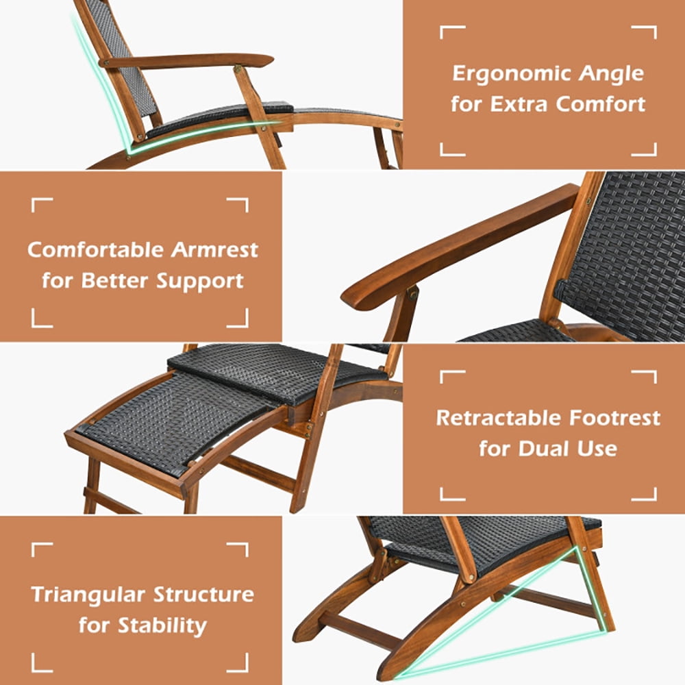 Aimee Lii Patio Rattan Folding Lounge Chair with Acacia Wooden Frame Retractable Footrest, Patio Loungers Aimee Lii Patio Rattan Folding Lounge Chair with Acacia Wooden Frame Retractable Footrest, Patio Loungers