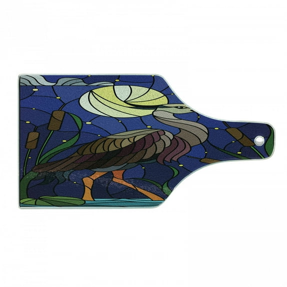 Egret Cutting Board, Stain Glass Design Brown Tone Heron Bird at Nighttime with Moon Pond and Reeds, Decorative Tempered Glass Cutting and Serving Board, in 3 Sizes, by Ambesonne