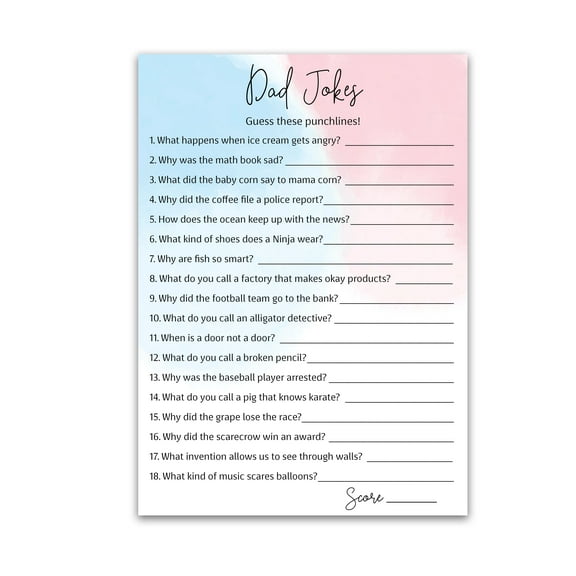 DAD JOKES Gender Reveal Party Game, Daddy Jokes Baby Shower Trivia Games — Pack of 25 — Fun Dad Joke Game, Pink or Blue, Funny Trivia, Girl or Boy, Sprinkle, Co-ed Couples Shower, Birthday G752-DJK