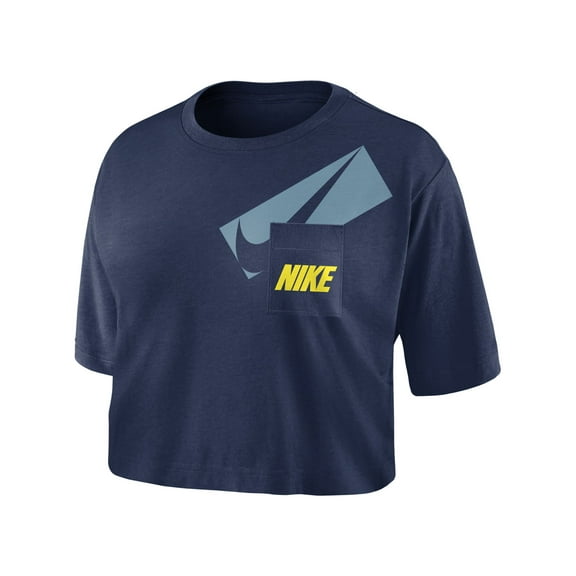 NIKE Womens Navy Stretch Ribbed Pocketed Cropped Logo Graphic Short Sleeve Crew Neck Top XS