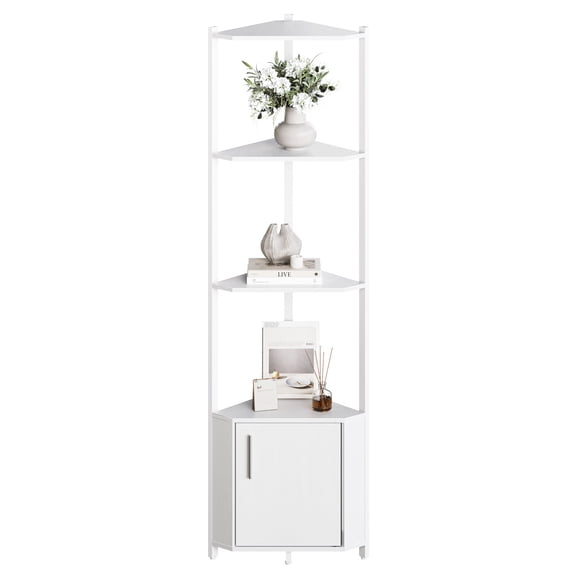 5 Tier Corner Shelf with Wood Shelves,57" Tall Standing Shelf Organizer,Space Saving,Narrow Bookshelf with 1 Storage Cabinet for Wall Corner, Living Room, Bedroom