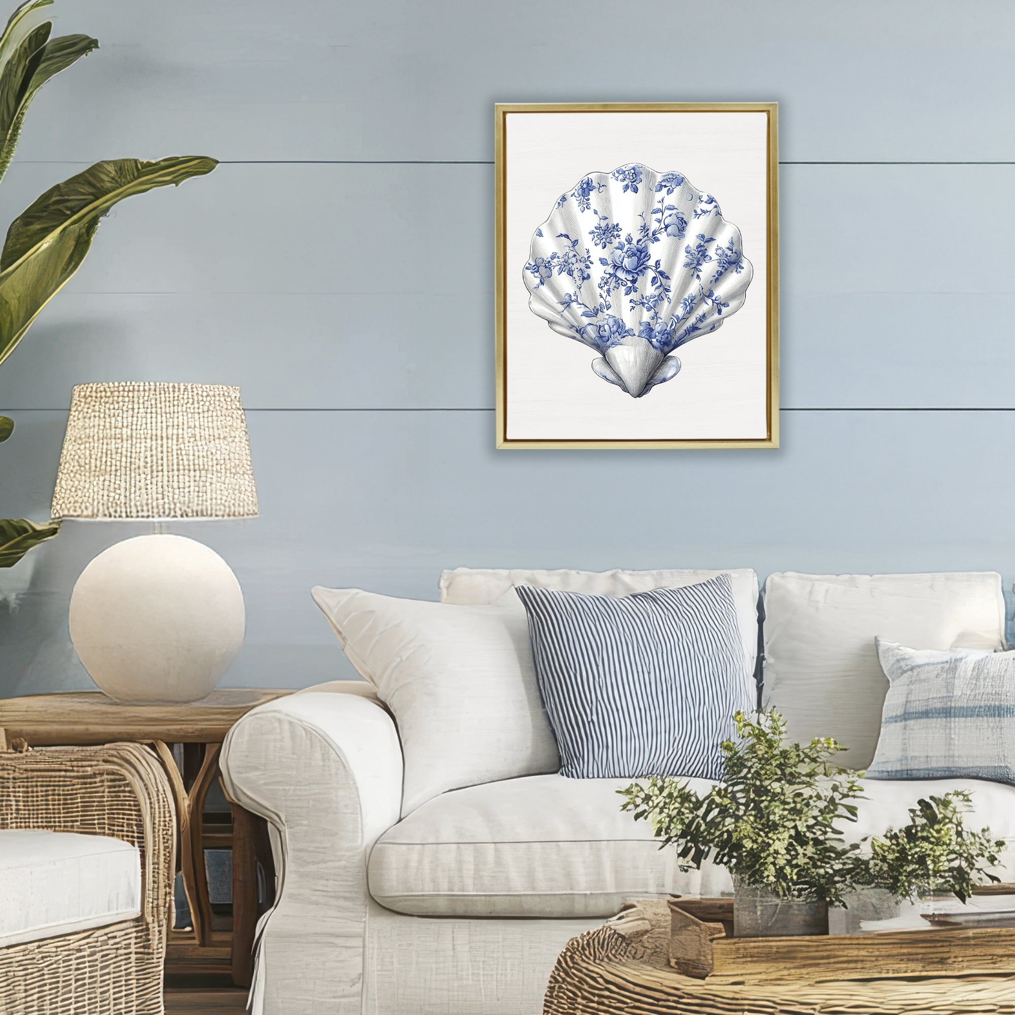 Funky Toile Seashell Gold Framed Floater Canvas Wall Art, design by Lettered and Lined