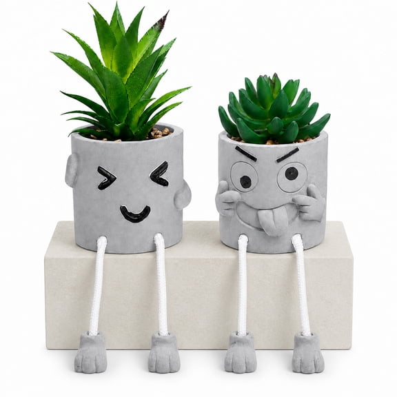 Artificial Potted Plant Set of 2 Cute Fake Succulent Plant with Hanging Leg artificial plants indoor Succulents Plants Decor for Home Office Bookshelf Bathroom desk decor(Funny face)