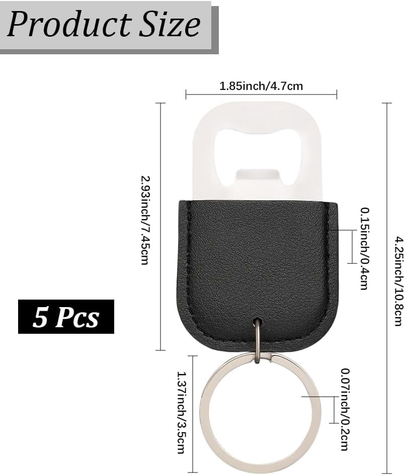 MKEUDQ-5PCS Black PU Leather Bottle Opener Keychains Small Stainless Steel Beer Opener with Key Ring Blank Leather Soda Bottle Lid Removers Key Chain for Wedding Guests Bridal Shower