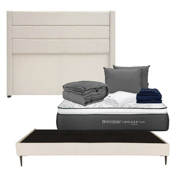 Colchón Restonic King Size Trini + Box Base Cama Slim + Cabecera Lugo Crema + Almohada 2Pack + Protector Cloud + Sabanas Softy + Edredon Homy