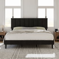 VECELO King Size Upholstered Bed Frame Black Metal Frame Bed with Adjustable Headboard Wood Slat No Box Spring Needed/Easy Assembly,Black