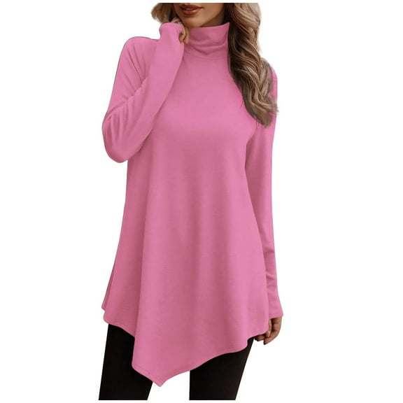 QUYUON Thermal Sweatshirts for Women Discount Warm Sweatshirts Women Polyester Long Sleeve Crew Neck Solid Pullover Tops Style S-1123 Breathable Ladies Tops Classic Fit Shirts Pink L