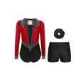 thumbnail image 2 of Haitryli Kids Girls Gymnastics Leotard with Shorts Long Sleeve Athletic Dance Unitard Biketard with Hair Scrunchies Burgundy Black 10, 2 of 3