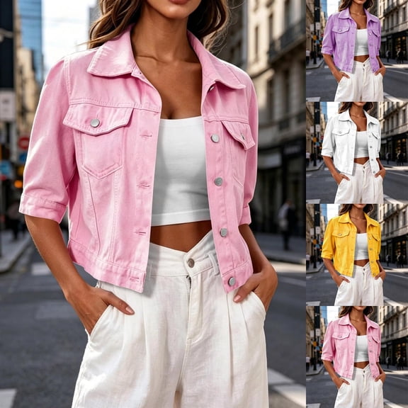 Woman Jacket Ndbuld Women Cropped 3/4 Sleeve Denim Jacket Lapel Button Front Casual Jean Coat with Chest Pockets White XXXXXL