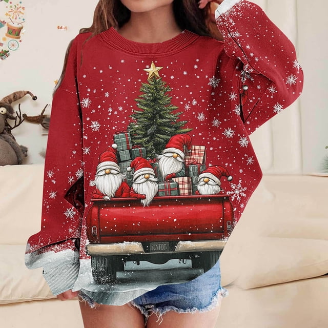 Blusas y camisas de manga larga con cuello redondo para niños Estampados navideños de manga larga Casual Suelto Forro polar para mayor calidez Sudadera con capucha de manga larga con cuello redondo pa