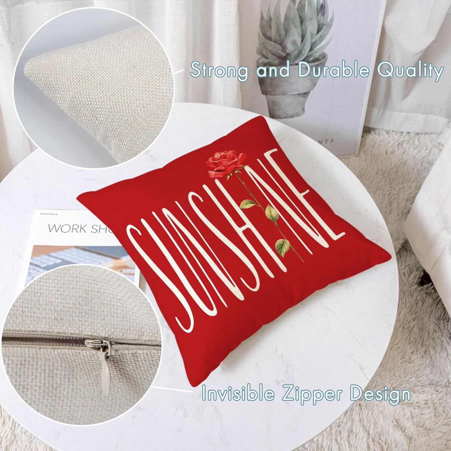 Set of 4 Rose Pillow Covers 18x18 Red Spring Summer Pillow Covers Hello Sunshine Flower Floral Cushion Covers Square Cotton Linen Pillow Cases for Couch Sofa Patio Outdoor Home Decor(18 Inch)