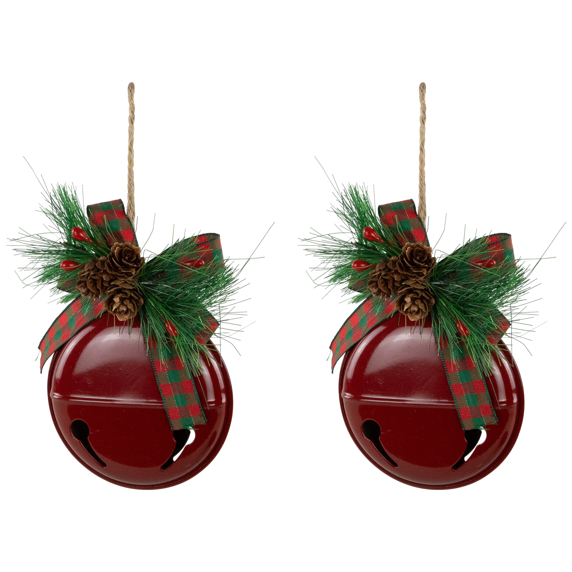 Northlight Jingle Bells with Pinecone Bows Disc Christmas Ornaments - 5" - Red - Set of 2