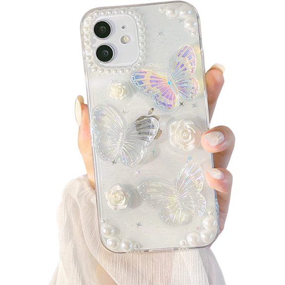 Compatible with Laser 3D Butterfly iPhone 13 Pro Max Glitter Case for Women Girls,Clear Cute 3D White Rose Flower Sparkly Star Soft Epoxy Silicone Bling Pearl Case for iPhone 13 Pro Max