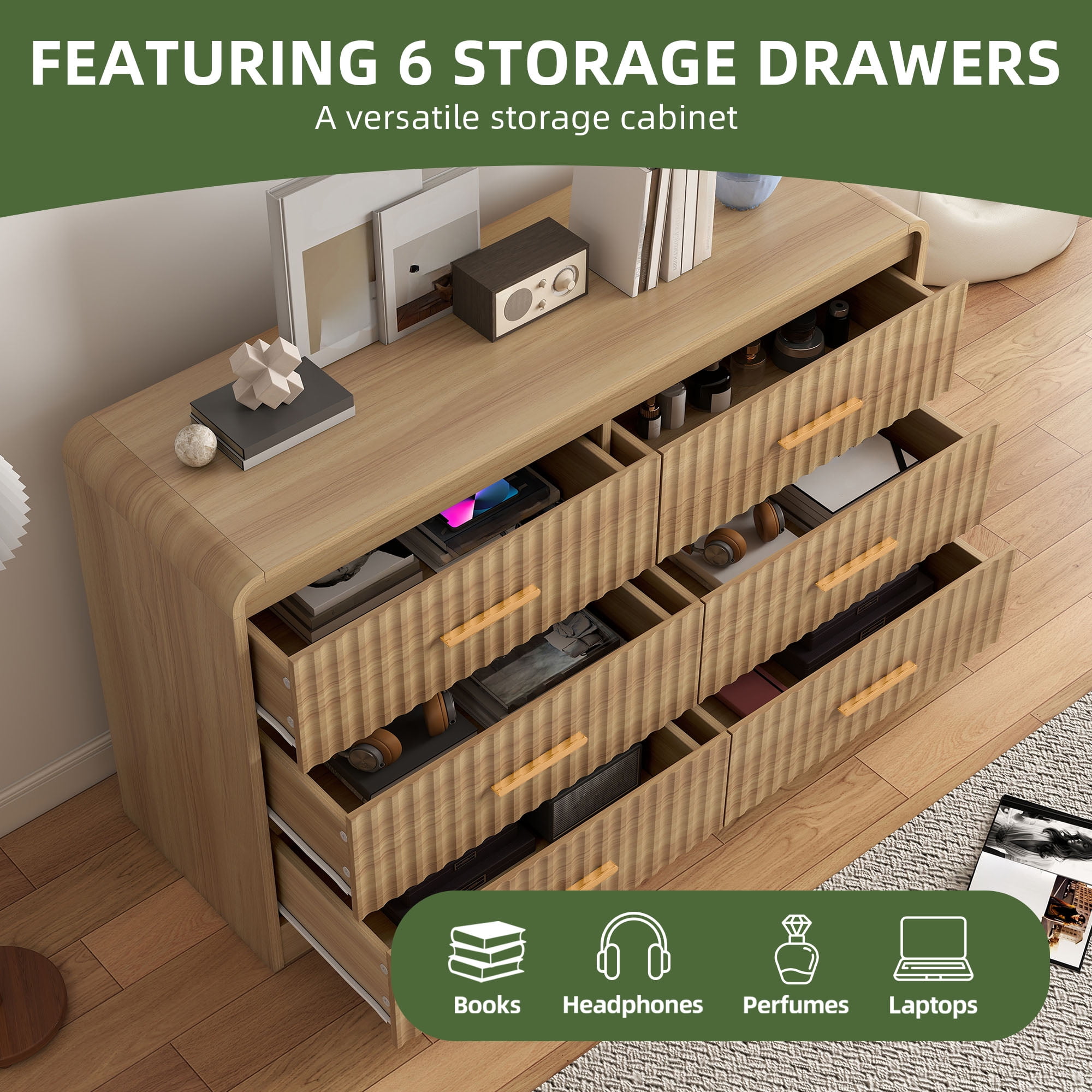 Uforic Chest of Drawers for Living Room, , or Entryway, Sturdy Fluted Dresser with 6 Drawers, Light Oak