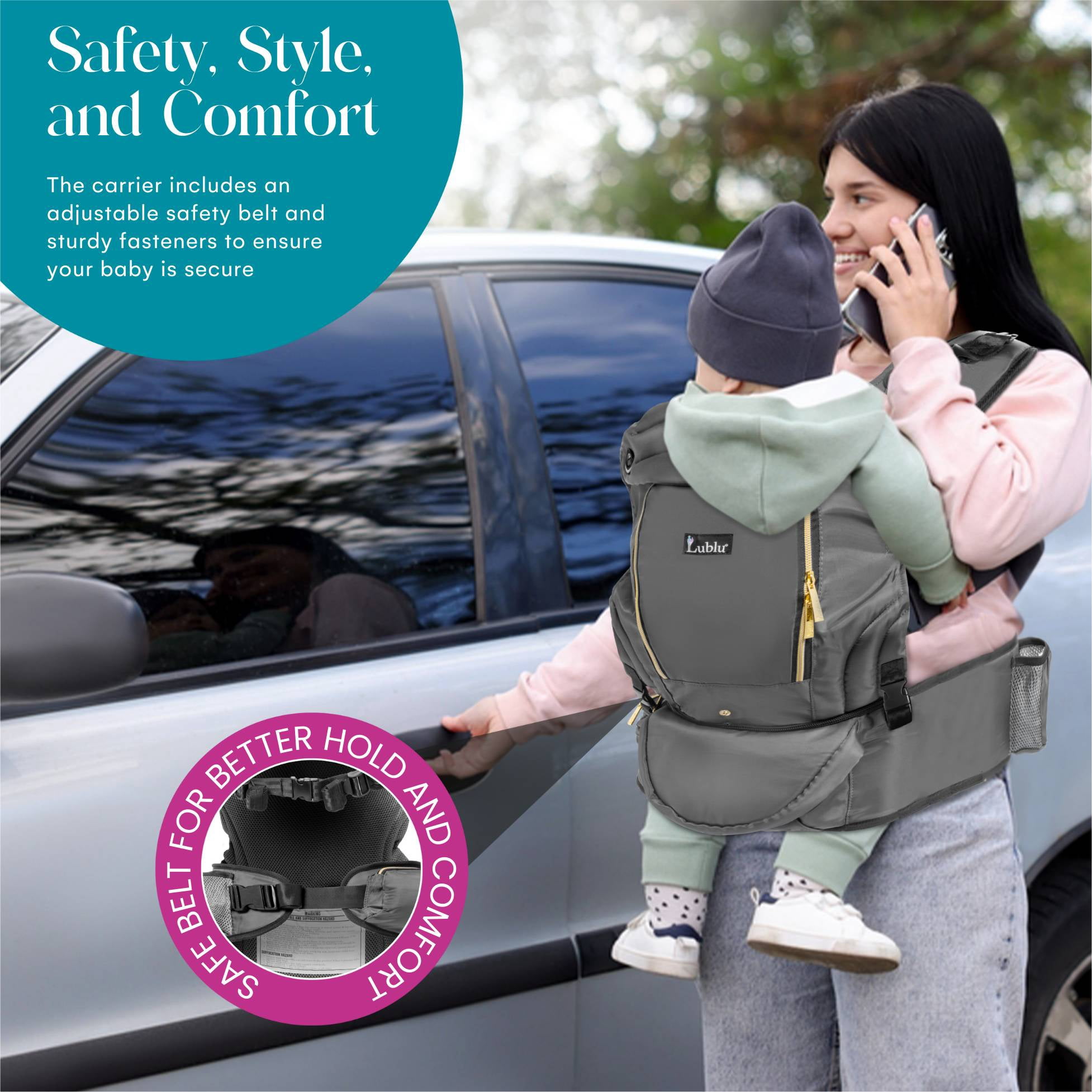 Lublu Diaper Bag Backpack with Baby Carrier, Hip Seat, Changing Pad, Insulated Pockets, Black or Grey (Black)