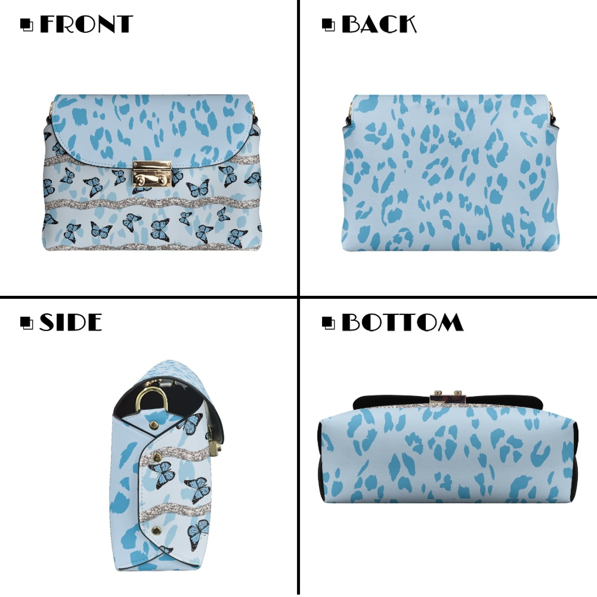 TSOVTHRID Blue Butterfly Leopard Print Crossbody Bags for Women Trendy, PU Leather Shoulder Handbags, Minimalist Crossbody Purses for Women with Detachable Chain Strap