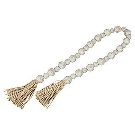 GENMOUS & CO. Wood Bead Garland with Tassels Farmhouse Decorative Wooden Beads Garland Decor Prayer Beads for Rustic Country Wall Hanging Decor 39 Inches(White Washed)