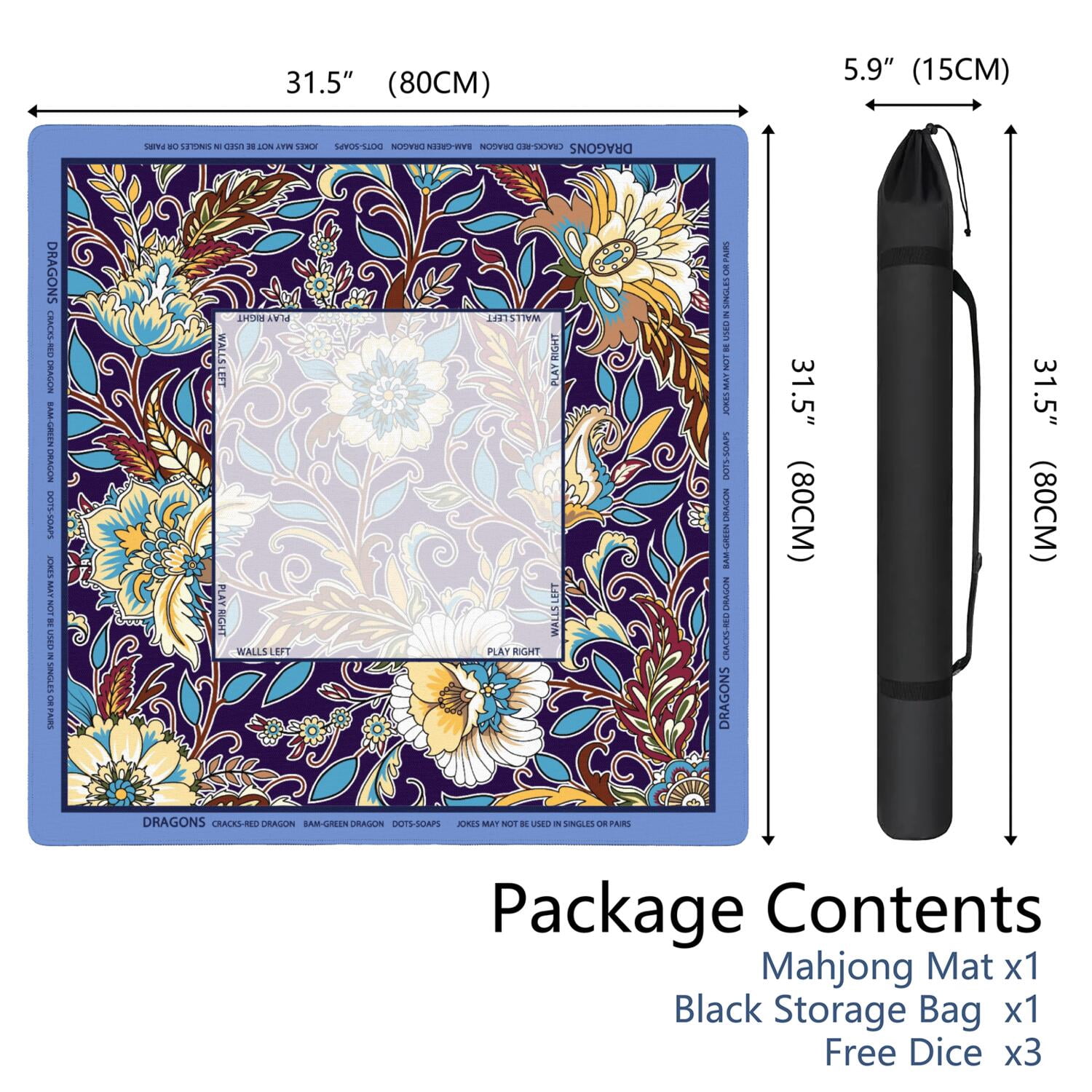 Flower Mahjong Mat with Rules, 31.5*31.5in Anti Slip American Mahjong Mat for Table, Noise Reduction, Neoprene Mah jongg Mats with Carrying Bag & 3 Dices, Mahjong Supplies Gift, Board Tile Games Mats