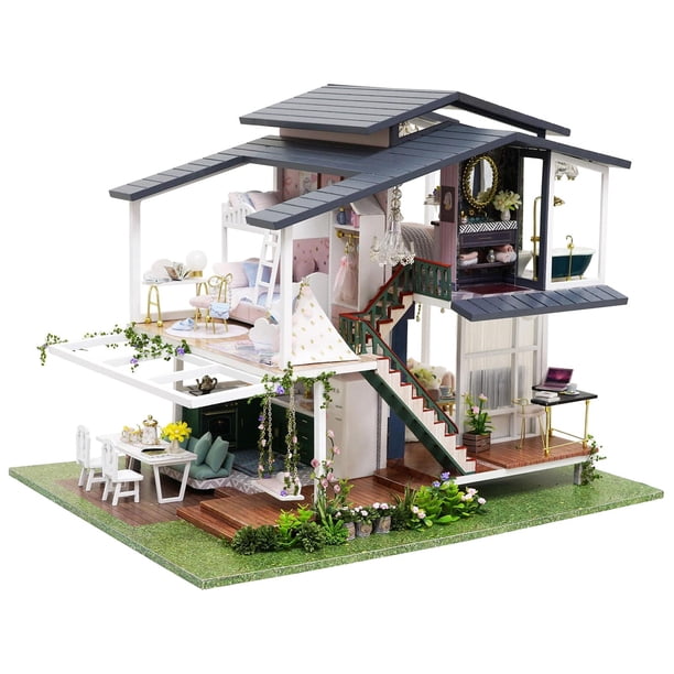 DIY Handcraft Dollhouse Furniture completo de con jardín Villa led lámpara de juguete