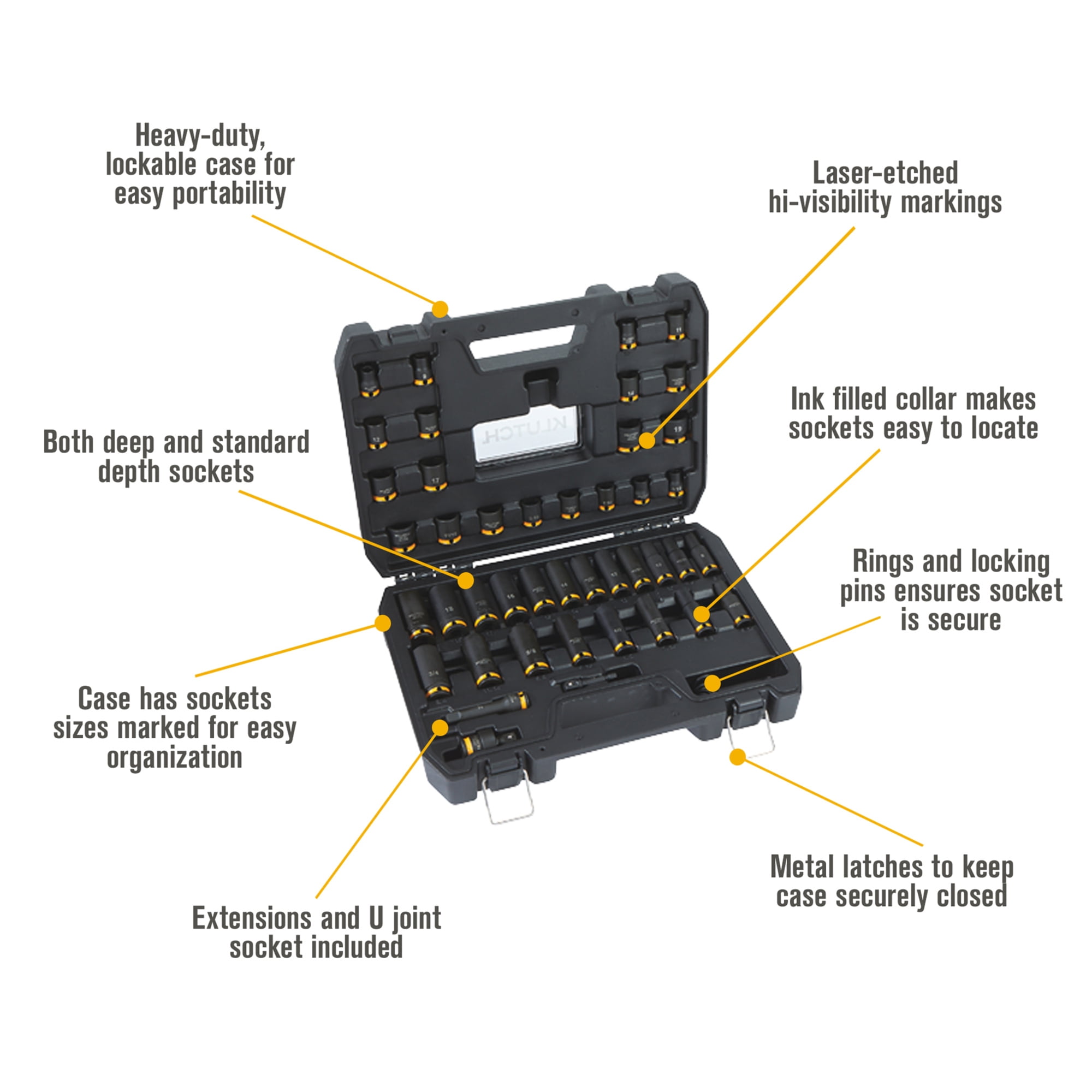 Klutch 3/8in.-Drive Chrome Molybdenum Impact Socket Set, 6-Point, Metric and SAE, 43-Pc.