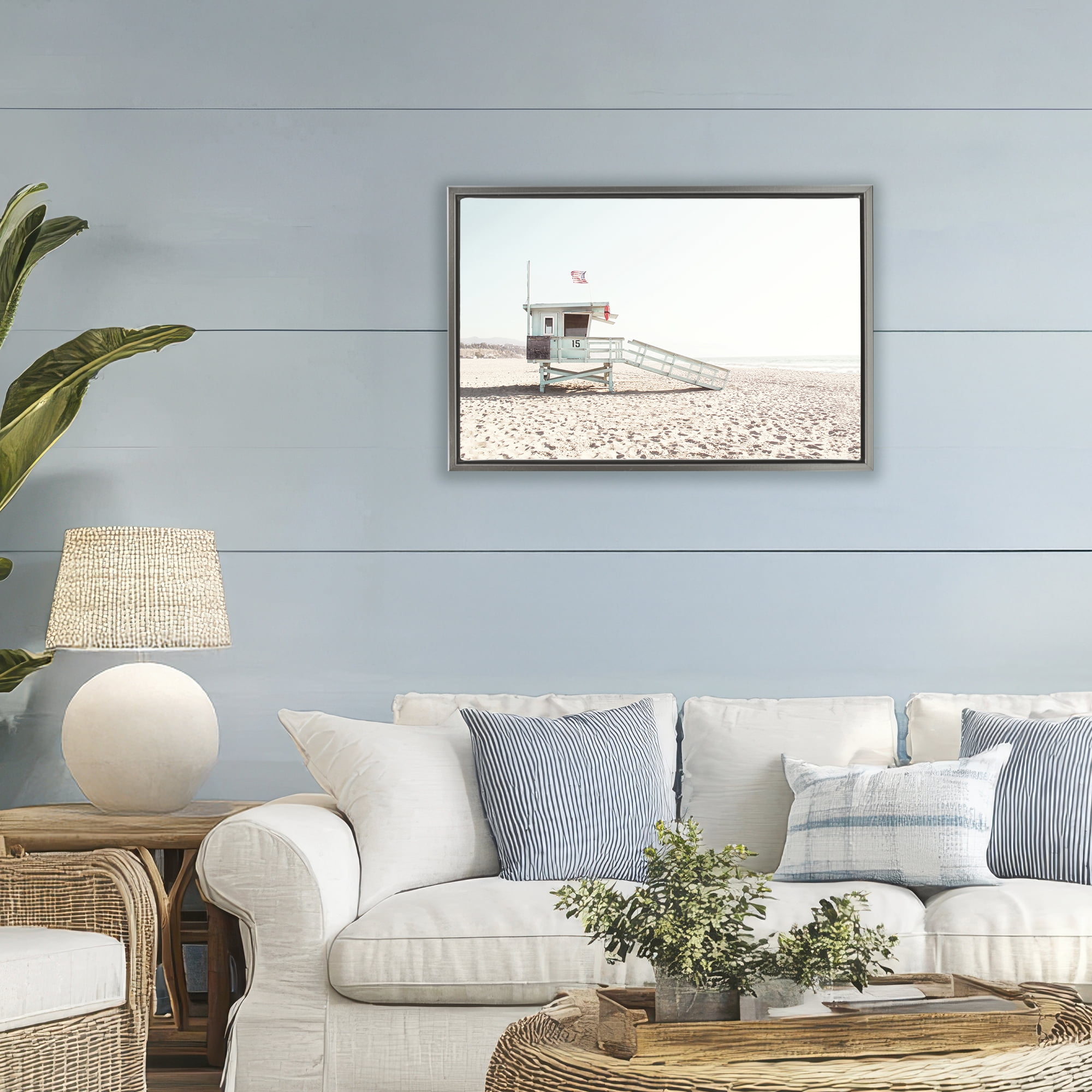 Lifeguard Hut Sunny Day Gray Framed Floater Canvas Wall Art, design by Sisi and Seb