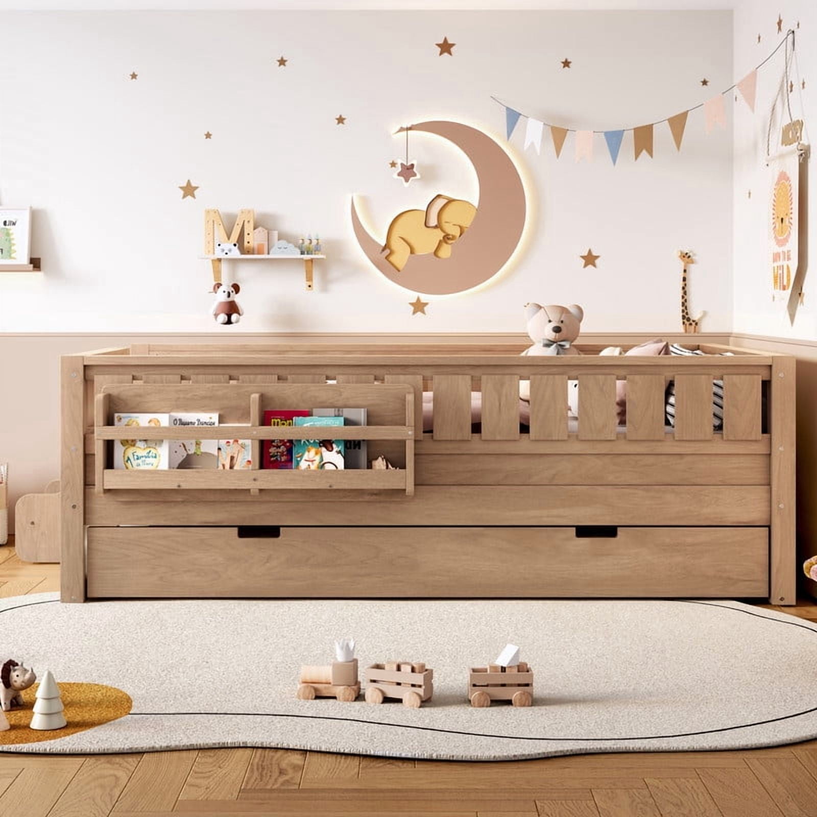 Bellemave Twin Bed with Trundle and Small Stairs, Twin Size Platform Bed Frame with Rail and Bookshelf, Wooden Montessori Floor Bed No Box Spring Needed,Natural