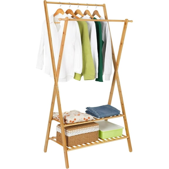 Bamboo Clothing Rack Double Rod Garment Rack with 2 Tier Storage Shelf Closet Organizer for Guest Room, Laundry Room, Apartment, Entryway