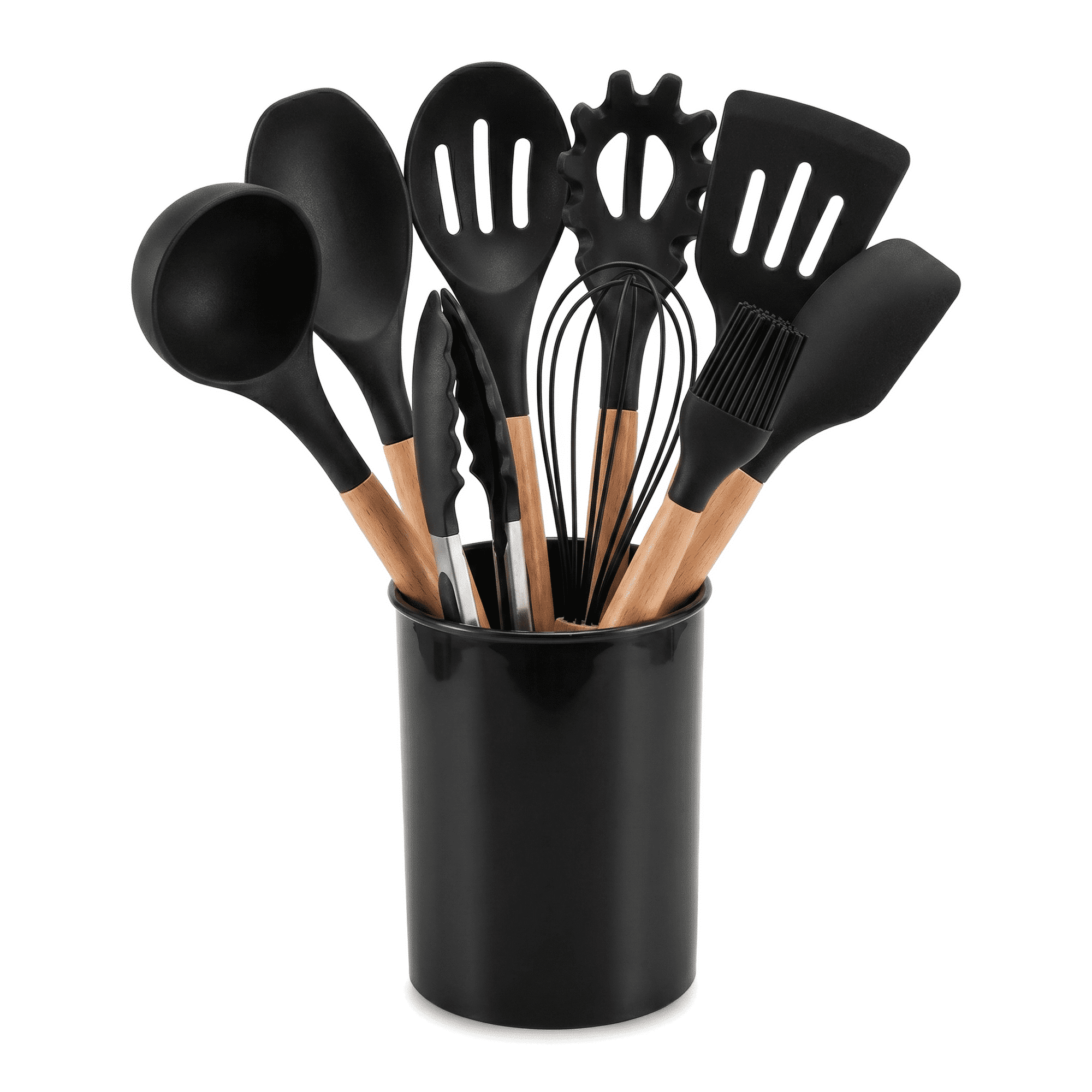 Silicone Cooking Utensils Set - Silicone Kitchen Utensils for Cooking Wooden Handles, 12-piece Kitchenware Set, Heat Resistant Cooking Gadget Tools for Nonstick Cookware BPA FREE (Black)