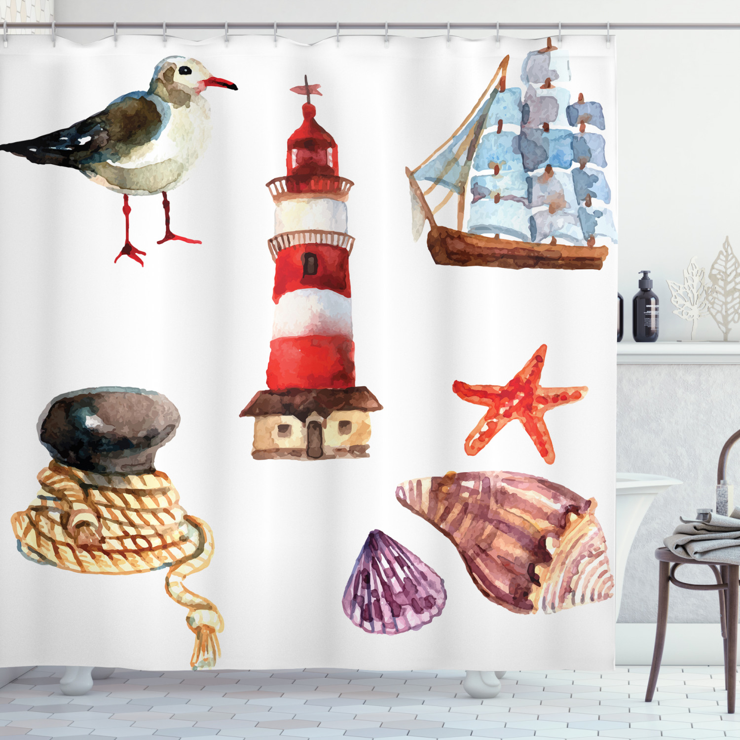 Nautical Shower Curtain, Nautical Theme Elements Seagull Boat