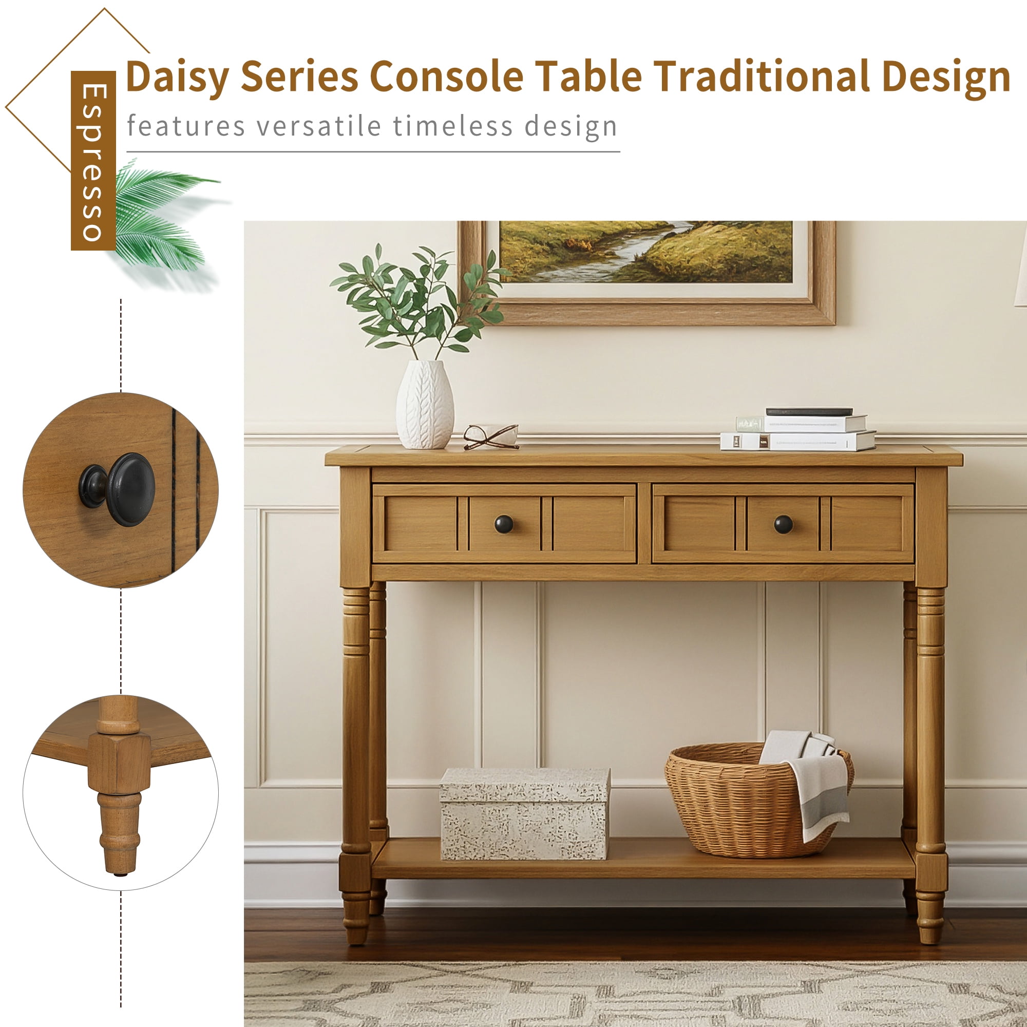Euroco Farmhouse Wood Console Table with 2 Drawers and Bottom Shelf, 2-Tier Narrow Entryway Table Sofa Table Behind The Couch for Entrance, Hallway,Living Room, Foyer,Natural