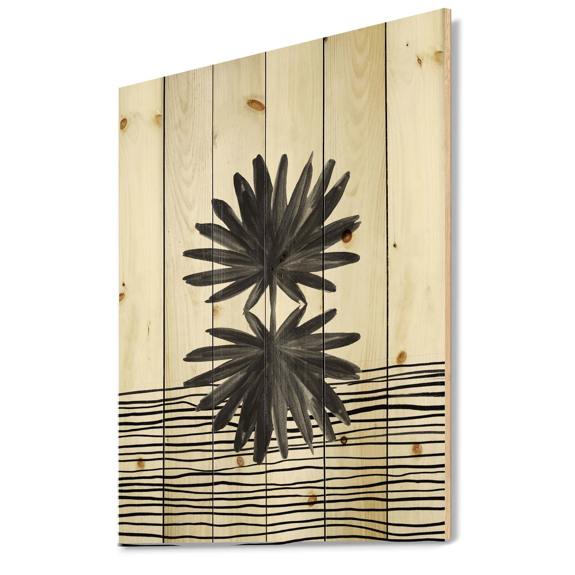 Designart 'Black and White Striped Under Tropical Leaf II' Modern Print on Natural Pine Wood