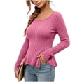 thumbnail image 4 of Bzdzmqm Womens Long Sleeve Shirts Ribbed Knit Peplum Tops Slim Fit Round Neck Casual Tunic Tee for Office Work Daily Wear, Hot Pink S, 4 of 5