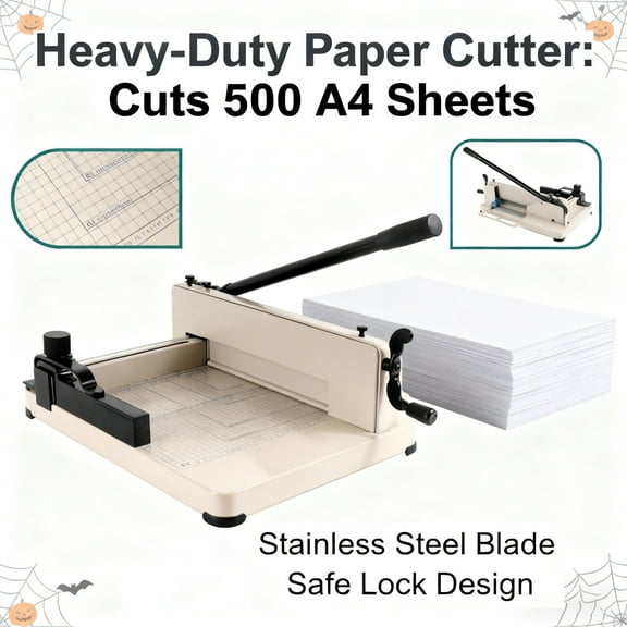Heavy Duty 12" Guillotine Paper Cutter, Heavy Duty Paper Cutter, Thick Paper Cutter, 500 Sheet Capacity, Solid Steel with HSS Blade, Removable Handle, White for Print Shop, Industrial Use