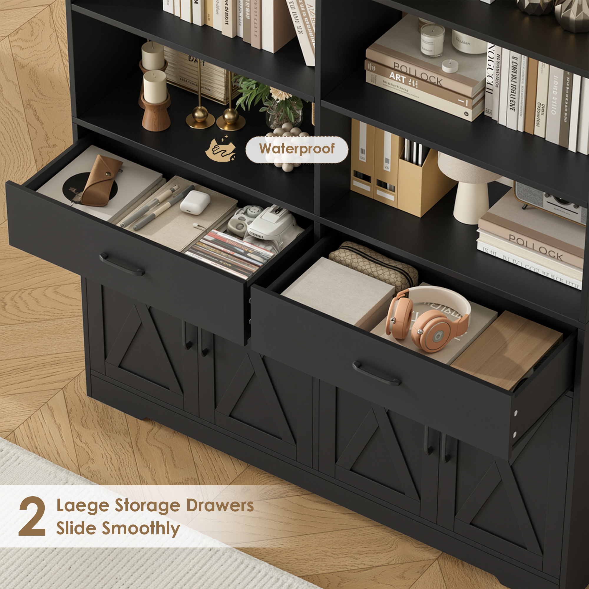 Hiphuta 78" Tall Double Row Bookcase with 2 Drawers, Farmhouse Large Bookshelf with Cabinet, Storage Bookcase with Doors for Office Living Room, Black