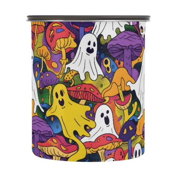 Halloween Ghosts Mushroom Airtight Coffee Bean Canister 30oz Food Storage Containers with Lids For Gournd, Tea, Sugar, Flour, Rice, Cereal, Candy Cookie Jar