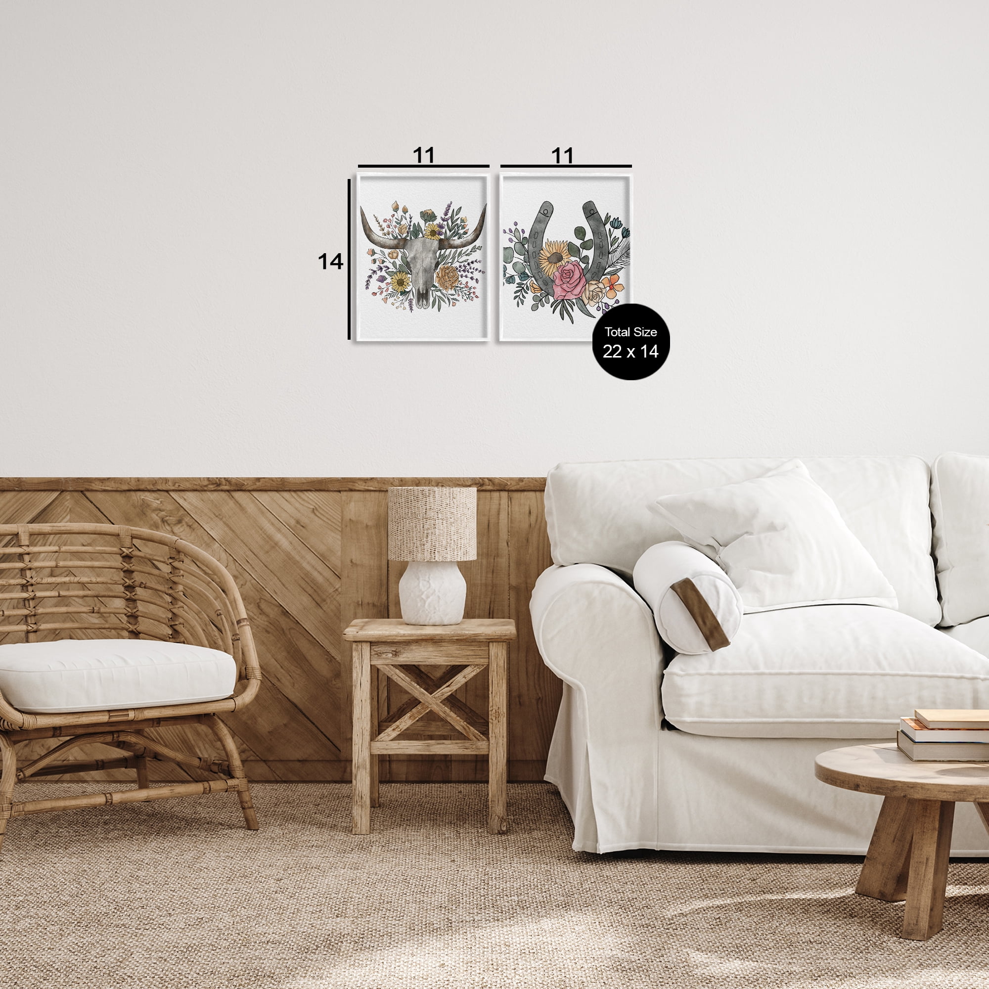 Stupell Industries Boho Longhorn & Horseshoe 2 Piece White Framed Giclee Art Set, design by Alisha Kiara Design