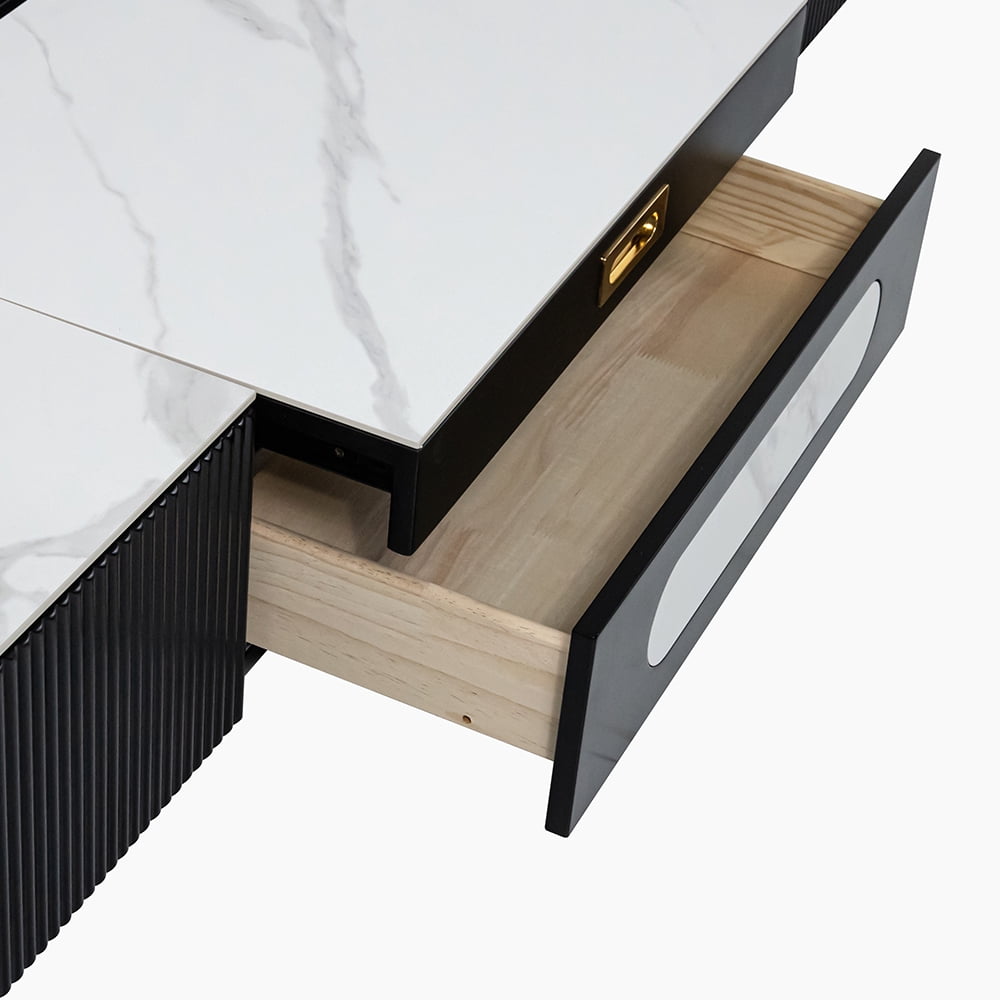 POVISON 62"Modern TV Stand for Projector, Sintered Stone TV Cabinet with Drawers for Home Theater, Oak Veneer MDF, Black & White Media Console