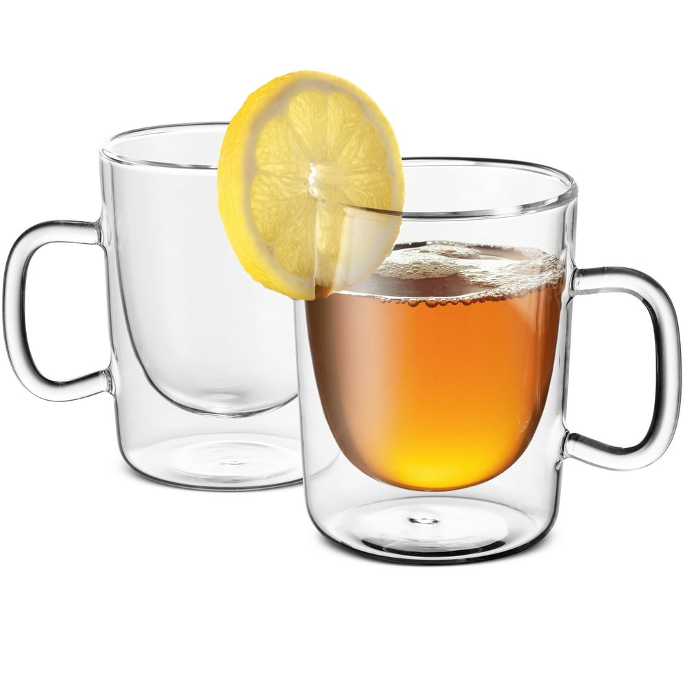 Double Walled Glass Coffee Mugs 10¼ Ounce (2 Pack) with Convenient