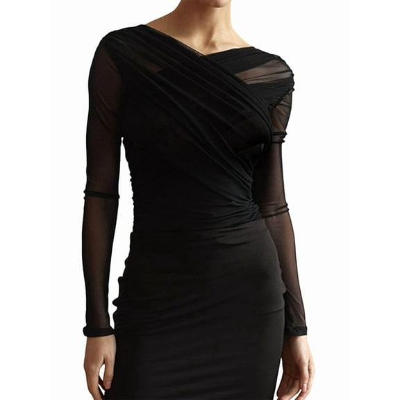 Women'S Trendy V-Neck Long Sleeve Sheer Mesh Ruched Going Out Tops Black L