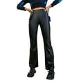 thumbnail image 1 of KOMOO Women Faux Leather Pants Solid Color Elastic High Waist Pants Straight Bell-Bottom Trousers, 1 of 5