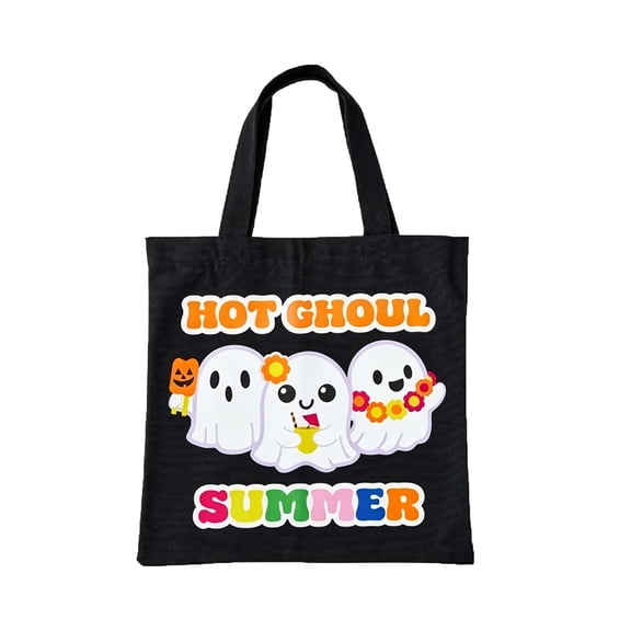 Black Tote Bag Cute Summer Ghost Pumpkin Print Reusable Shopping Handbag Daily Beach Travel Use Canvas Bag For Women