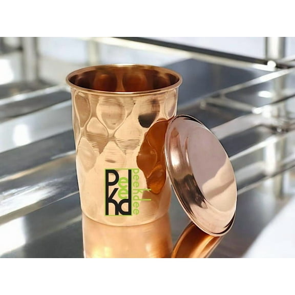 Peekdee Pure Copper Tumbler Set (300 ml ) With Lid Handcrafted Drinking Water Diamond Glass For Gifting