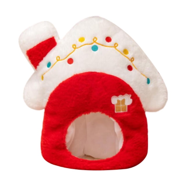 gorro de peluche navideño prenda bonita para la cabeza suministros para fiestas de aniversario y vacaciones, vista frontal centrada de casita navideña en felpa roja y blanca con apertura circular frontal, guirnalda bordada de luces y pequeño estampado de regalo, medidas aprox. 40 x 40 cm, apto para disfraces y celebraciones.
